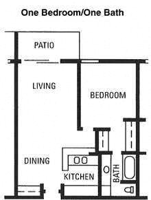Floor plan for 1 bed, 1 bath, 648 sqft